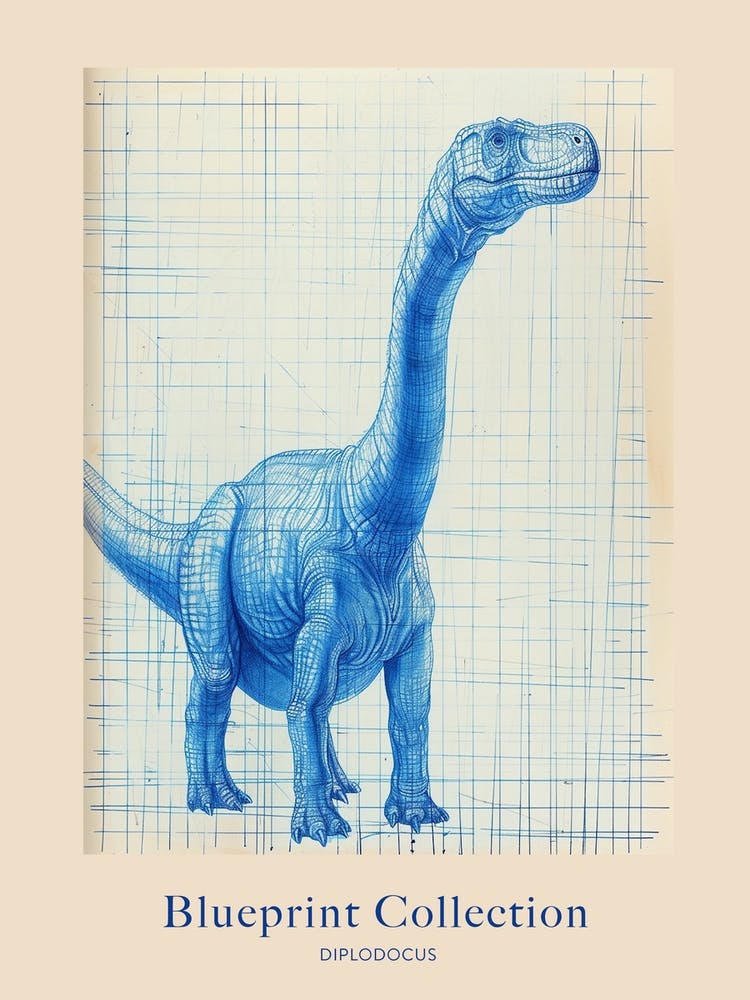 Diplodocus Dinosaur Blue Print Sketch 2 Poster
