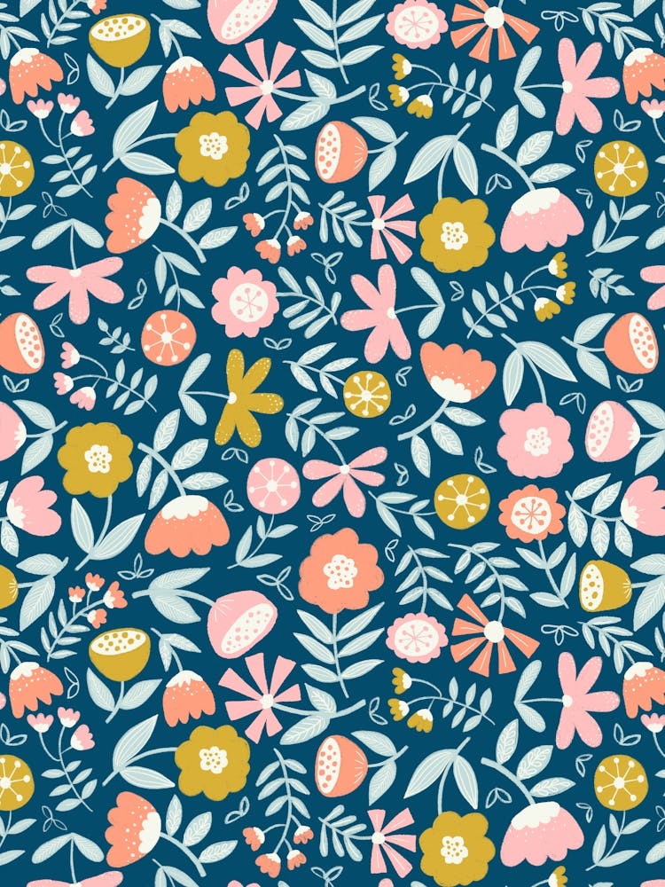 Cute Soft Scattered Scandi Florals Pink, Yellow, Light Blue, Navy Blue