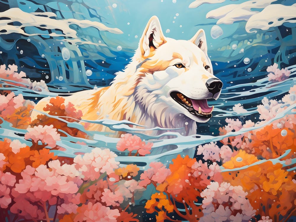 Siberian Husky Dog Swimming In The Sea