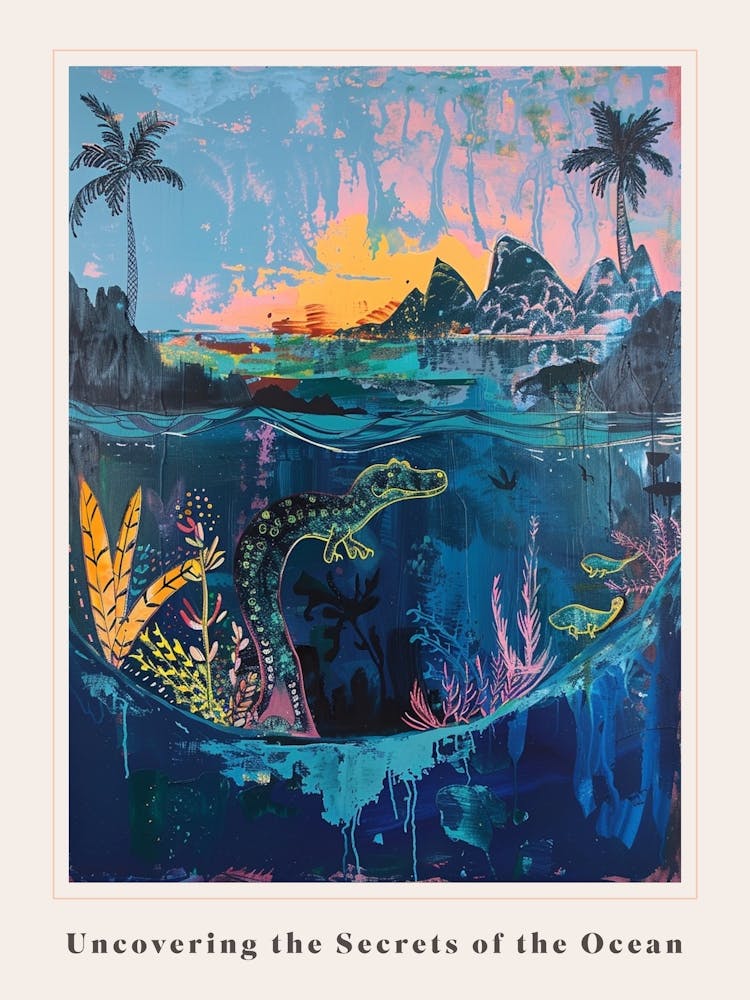 Colourful Underwater Pre Historic Marine Life Painting Poster