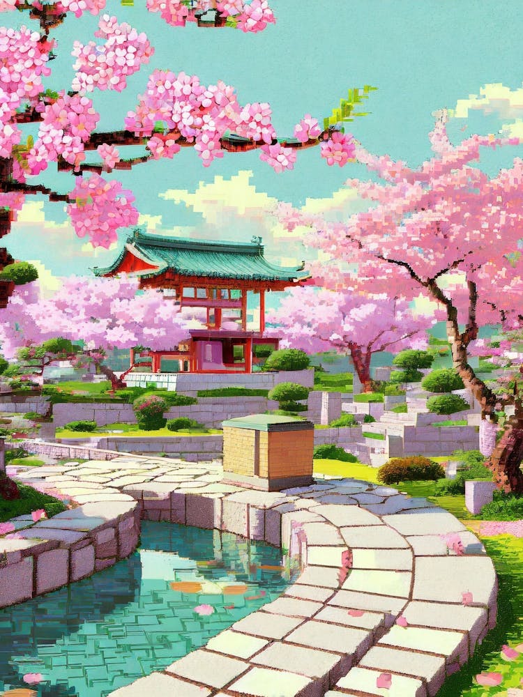 A Serene Zen Garden With Pixelated Cherry Blossoms