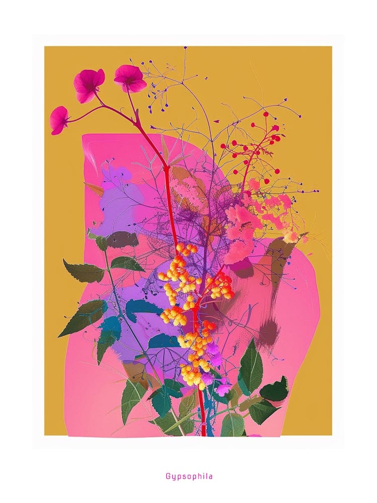 Gypsophila 4 Neon Flower Collage Poster