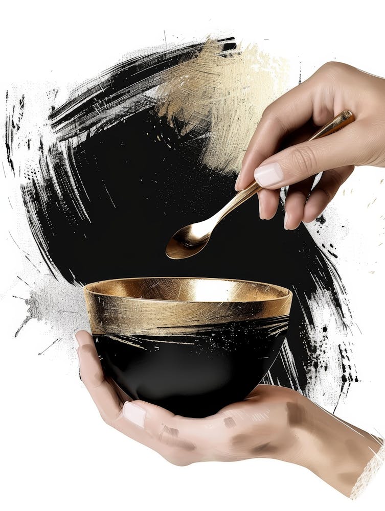 Gold And Black Bowl With Spoon