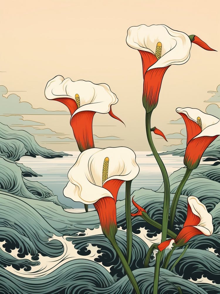 Große Welle mit Calla-Lilien-Blumenzeichnung im Stil von Ukiyo-e 4