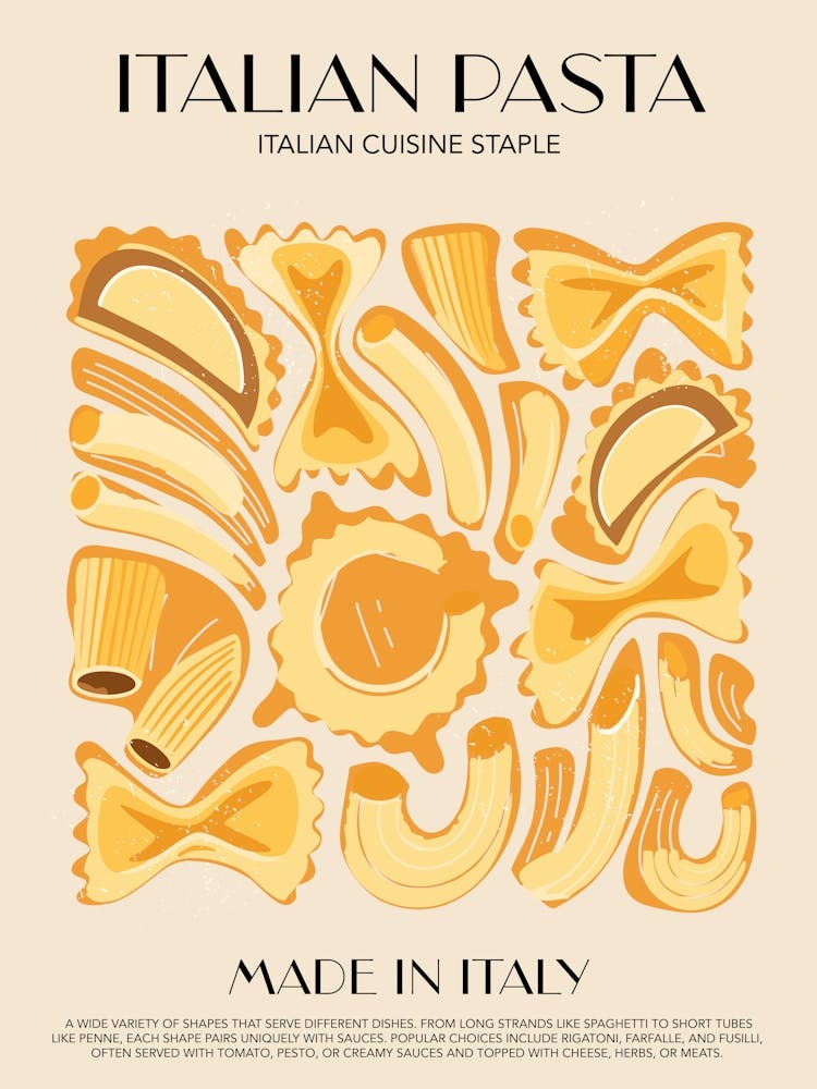 Italian Pasta Shapes Print Kitchen Art Kitchen Poster Food Art Mid Century Modern Italian