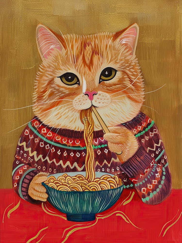 Cute Brown White Cat Eating Pasta Folk Illustration 3