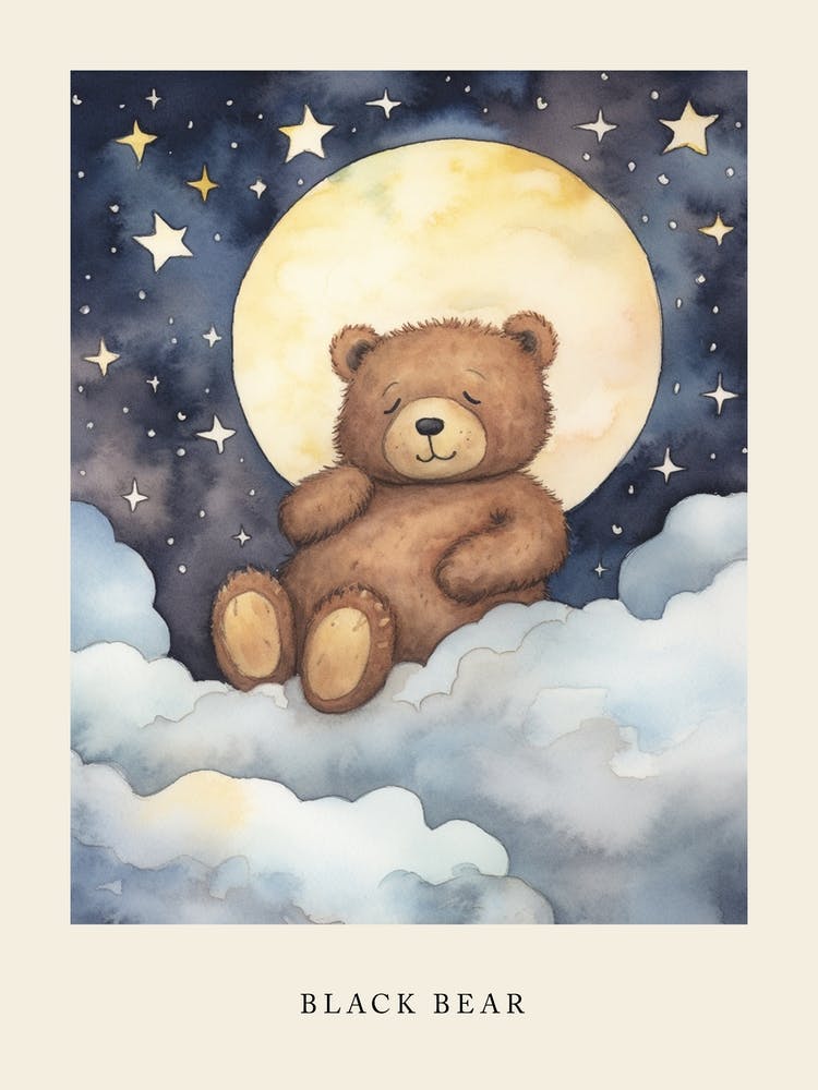 Baby Brown Bear Sleeping In The Clouds Nursery Poster