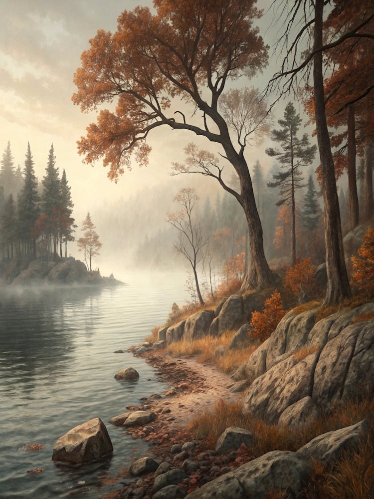 Oil Painting Style Misty Lake With Rocky Shore