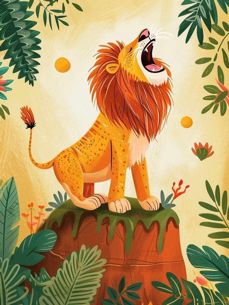 African Lion Roaring On A Cliff Illustration 3