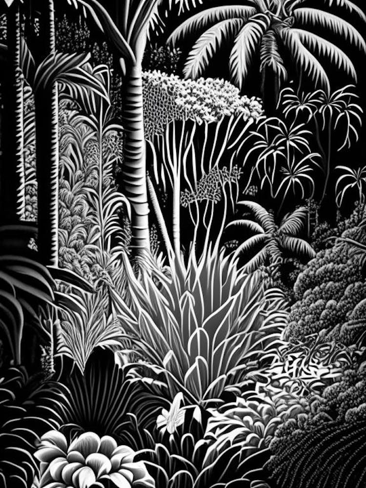 Jardin Exotique De Monaco, 1, Monaco Linocut Black And White Vintage