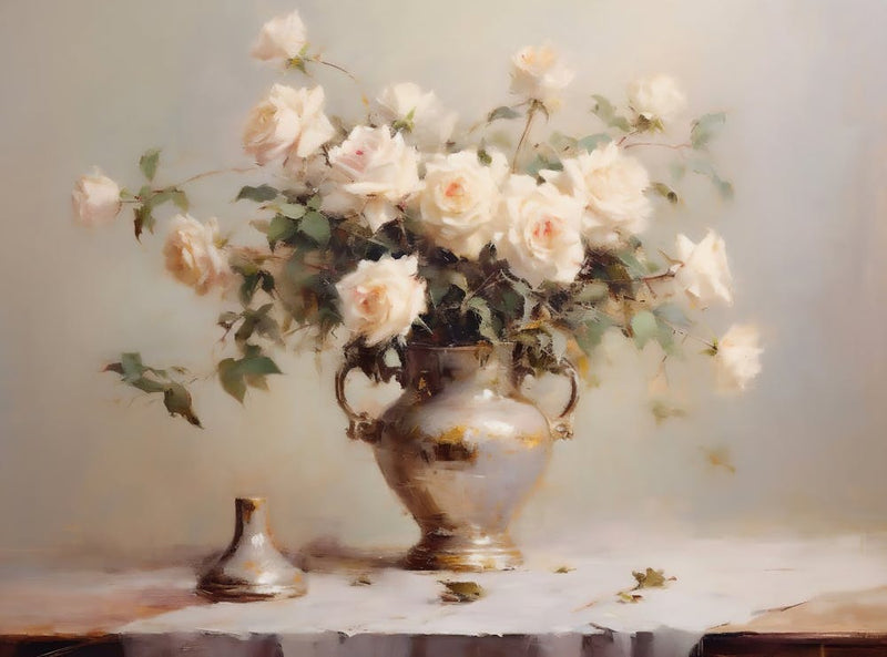 Neutral Flowers Vase Still Life Oil Painting, Vintage Still Life Wall Art, Antique Flowers Oil Painting, Floral Botanical Print, Printable
