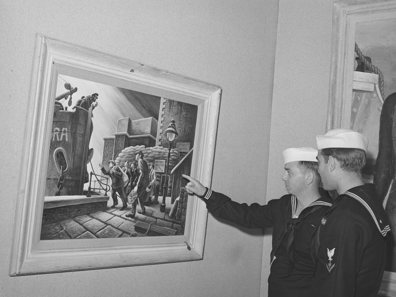 Sailors Looking At Paintings By Thomas Benton At The Fine Arts Building, This Is A Part Of The Long Voyage Home Exhibi
