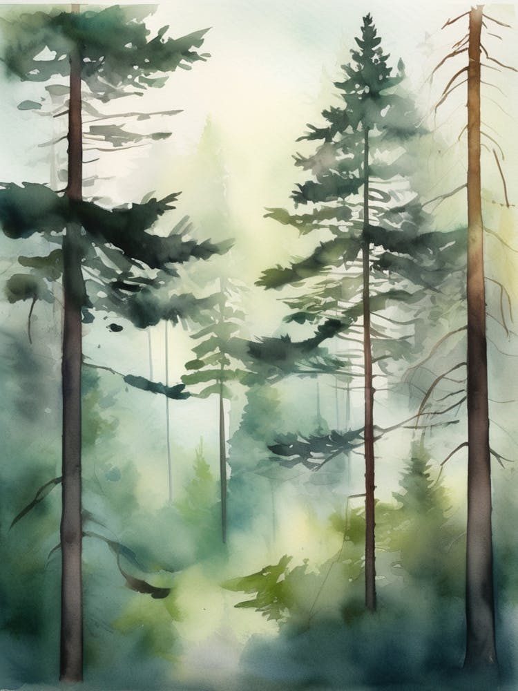 Appalachian Mountains of Misty Pines Watercolor Print of Evergreen Forest..129