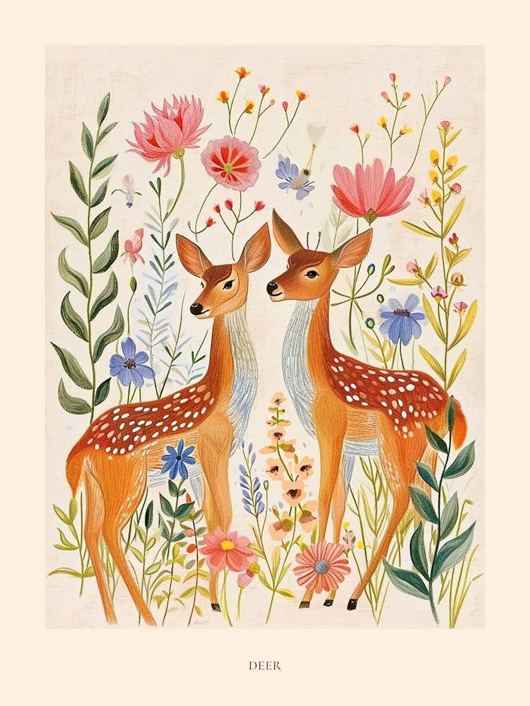 Folksy Floral Animal Drawing Deer 5 Poster