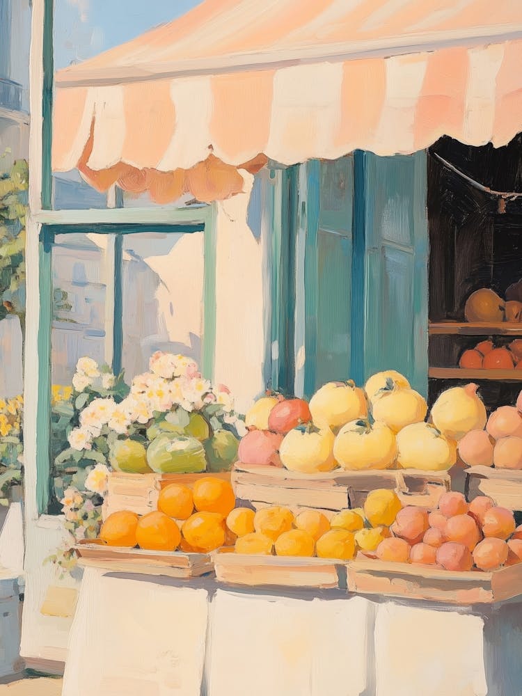 Fruit Stand with Flowers and Awning