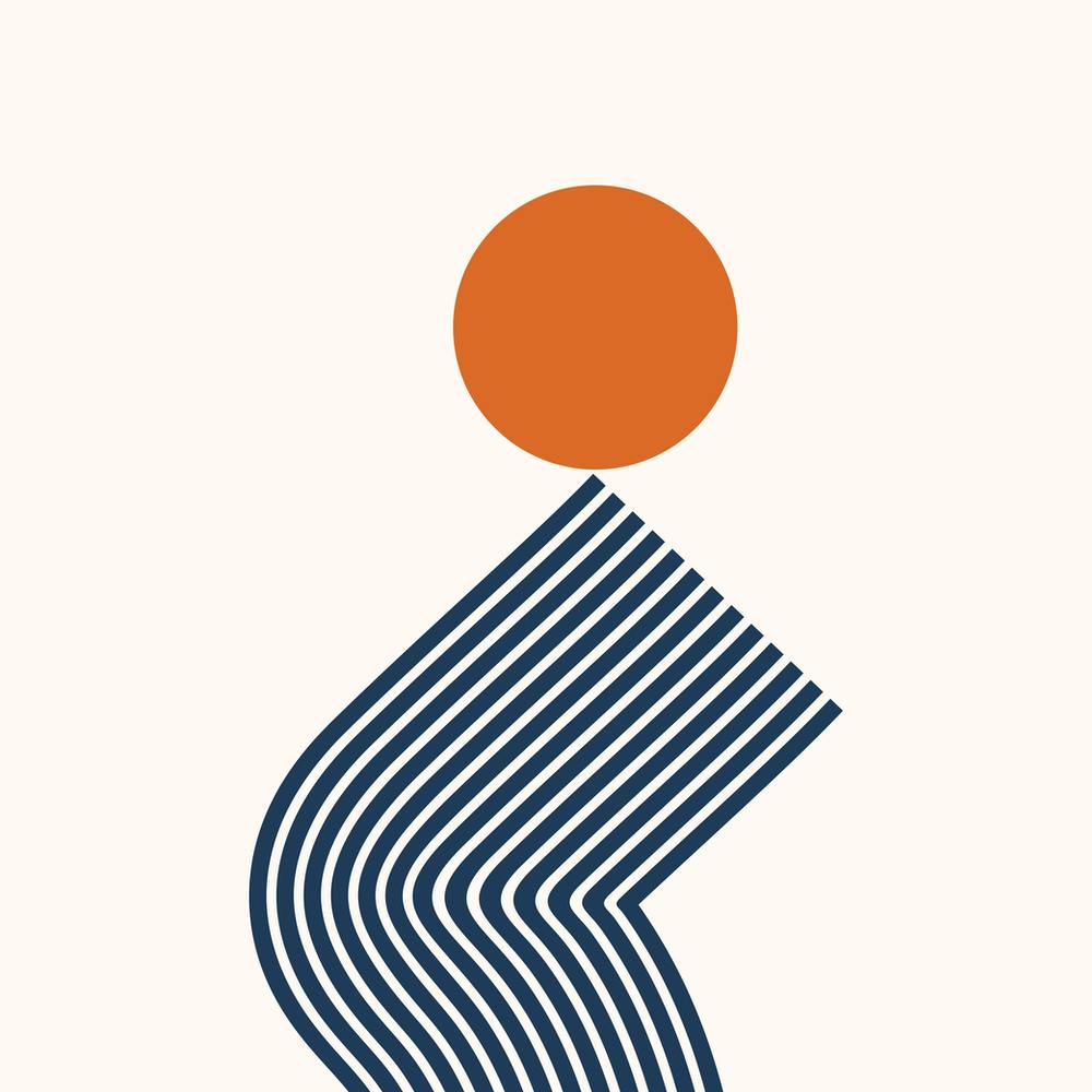 Modern Geometric Lines Sun Rainbow Balance Abstract in Navy Blue and Orange 1