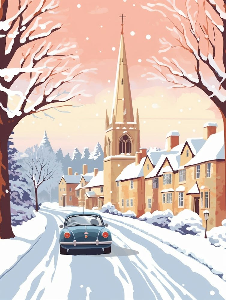 Vintage Winter Reiseillustration Cotswolds Vereinigtes Königreich 1