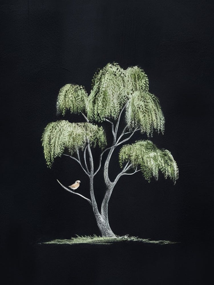 A Stunning Minimalist Chalk Illustration On A Black Background, Featuring A Serene Nature Scene