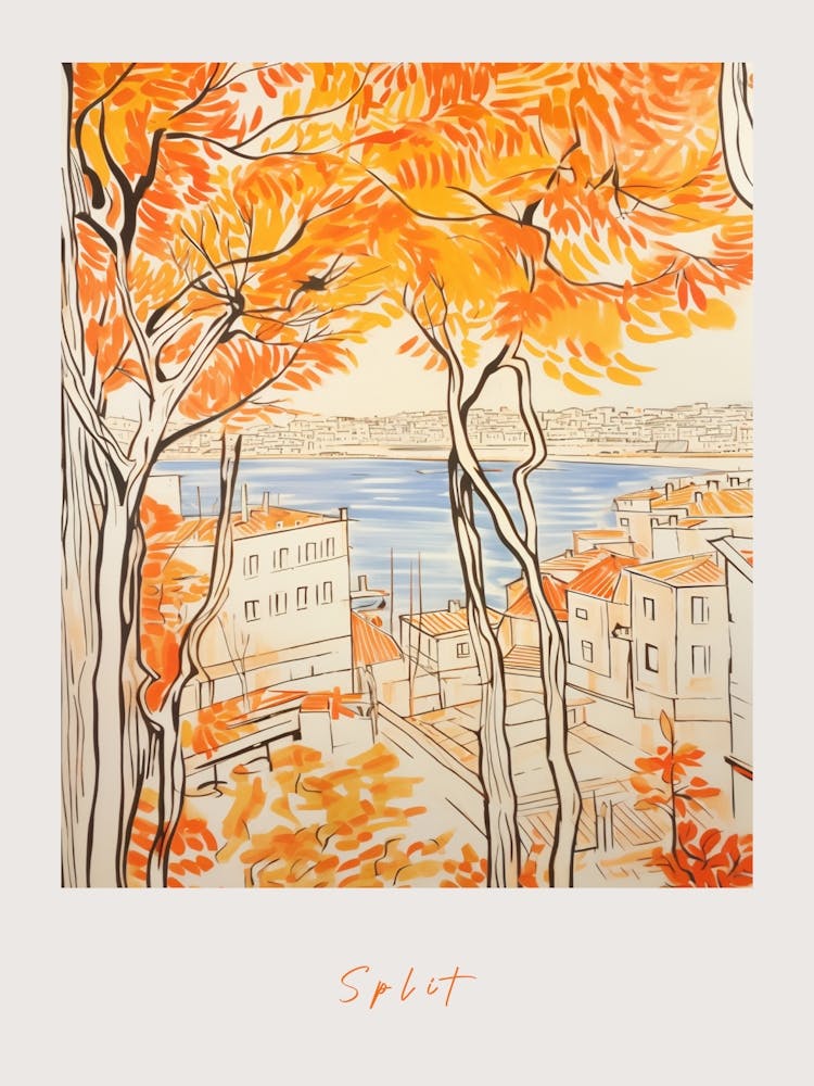 Split Croatia Orange Drawing Poster