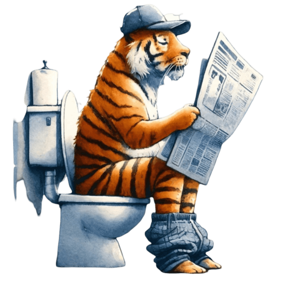 Tiger Reading Newspaper on Toilet