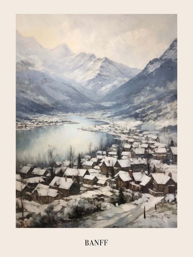 Vintage Winter Painting Poster Banff Canada 4