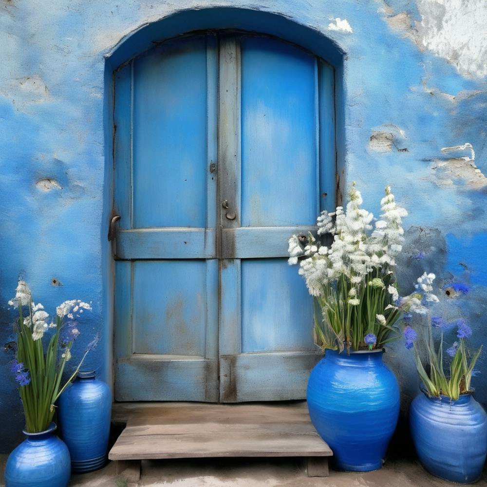 Blue wall. An old-style door in the middle, silver in color. There is a large pottery jar next to the door. There are flowers in the jar Spring oil colors. Wall painting.13