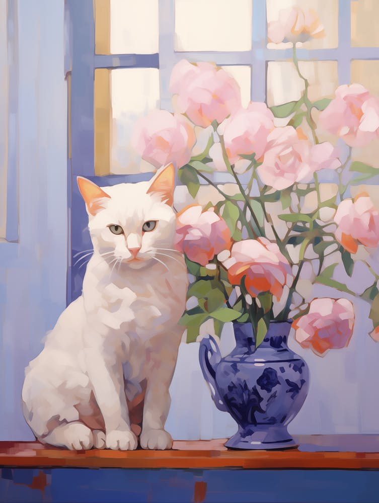 White Cat & Pink Peonies