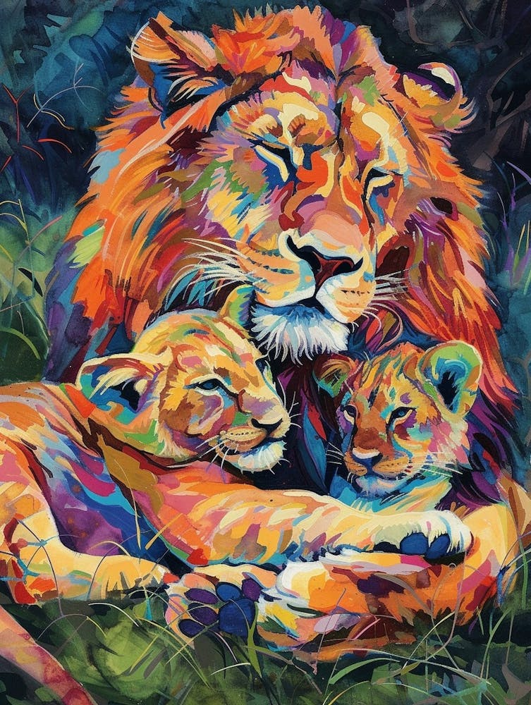 Asiatic Lion Family Bonding Fauvist Painting 2