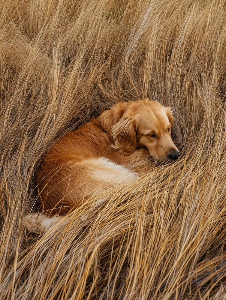 Golden Retriever Sleeping In The Grass.Generated AI. 1