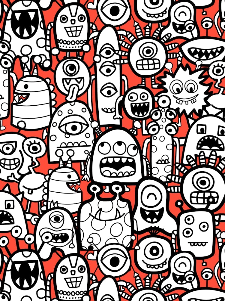 Cute Clusters of Monsters and Aliens Red, Black and White Kids