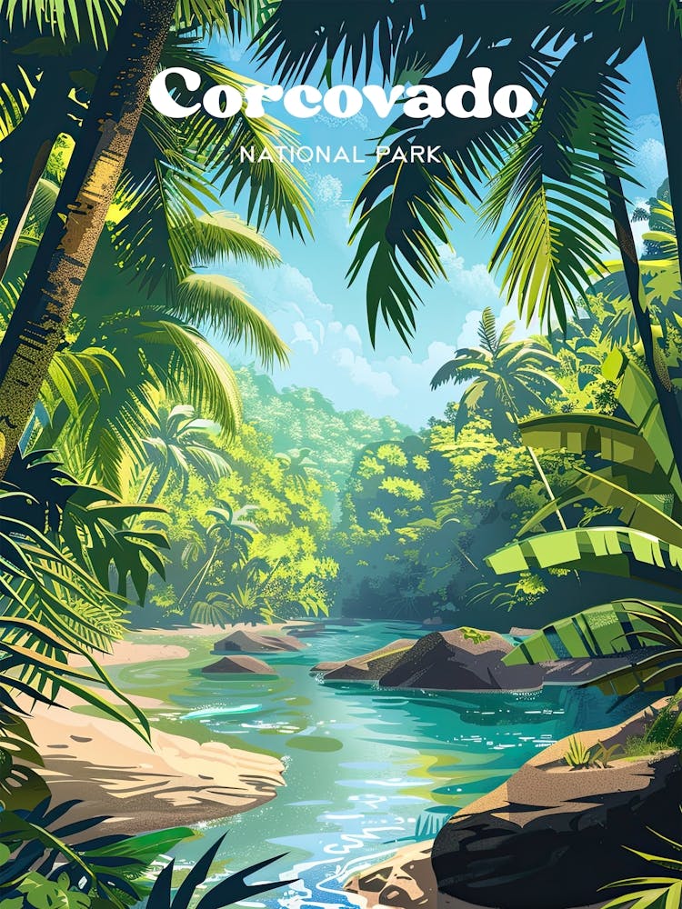 Corcovado National Park Costa Rica Wildlife Digital Travel Illustration