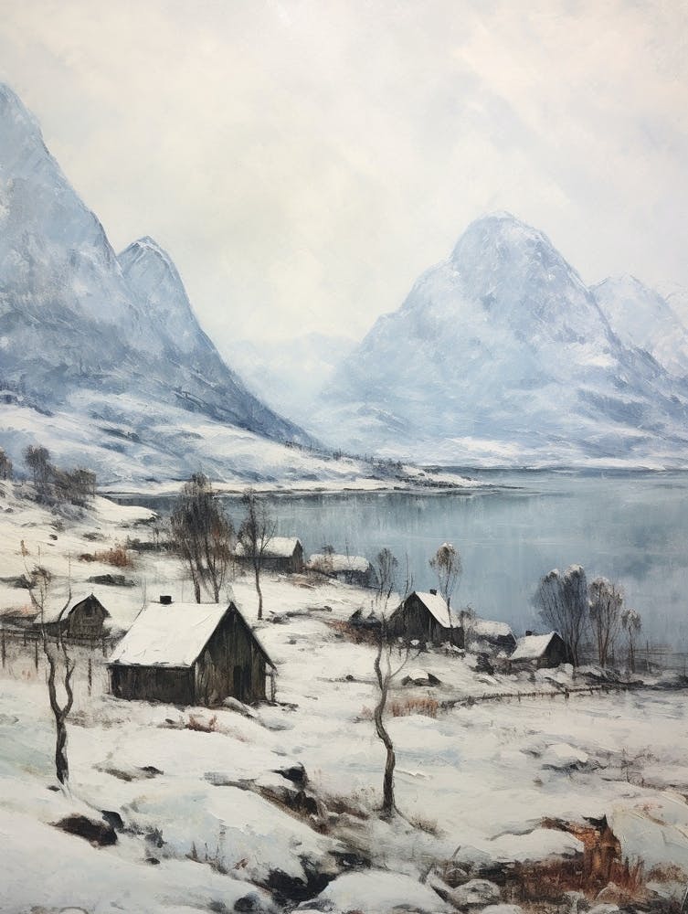Vintage Winter Painting Lofoten Islands Norway