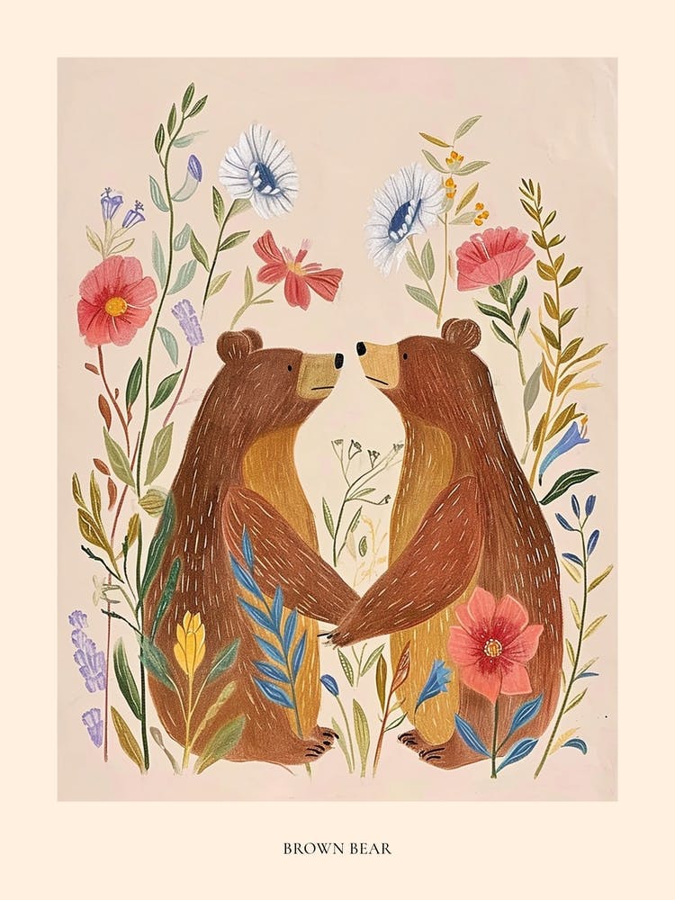 Volkstümliches Blumen-Braunbär-Poster