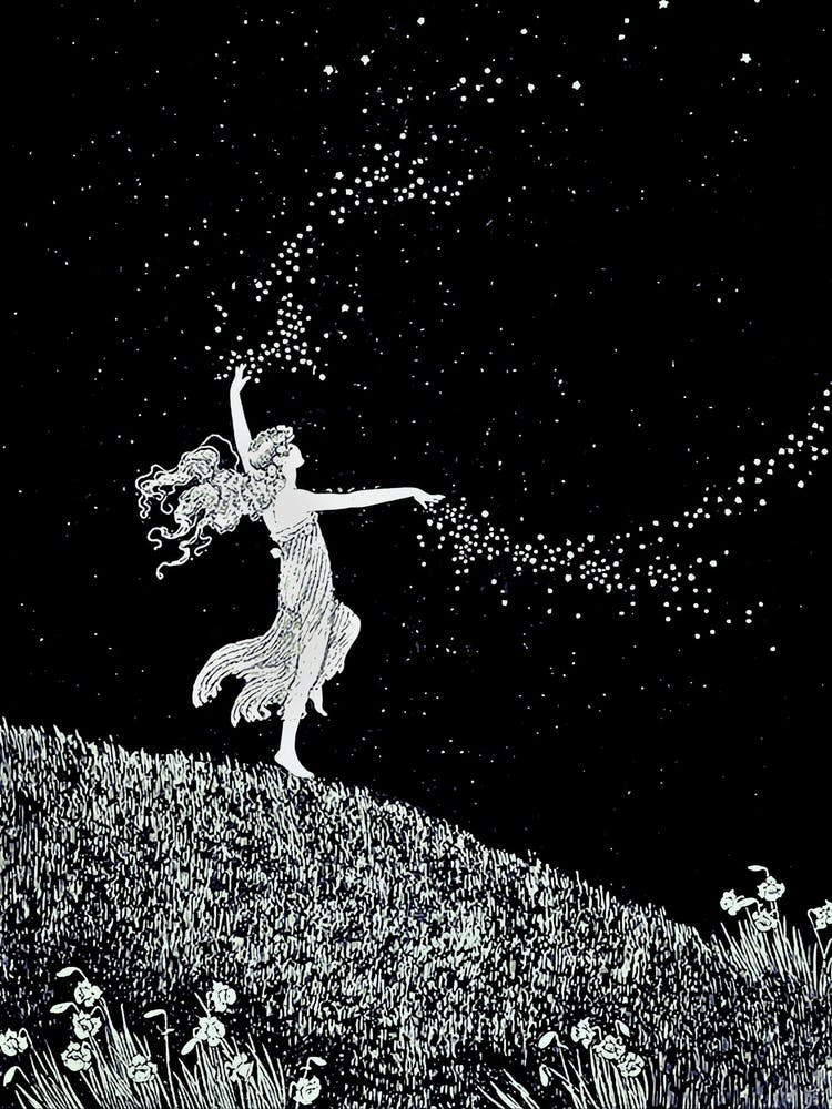 Fee, die Sterne streut von Ida Rentoul Outhwaite - 1919 Märchenland Verzauberter Wald Märchen Witchcore Hexenhaft Schön Verträumt Magisch Schön Cottagecore Fairycore Vintage