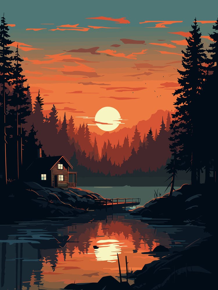 Cabin In The Woods At Sunset
