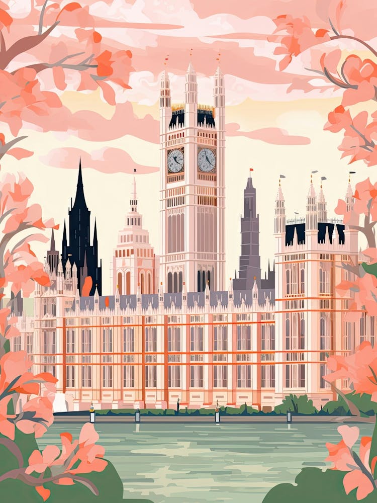 The Palace Of Westminster   London, England   Cute Botanical Illustration Travel 3