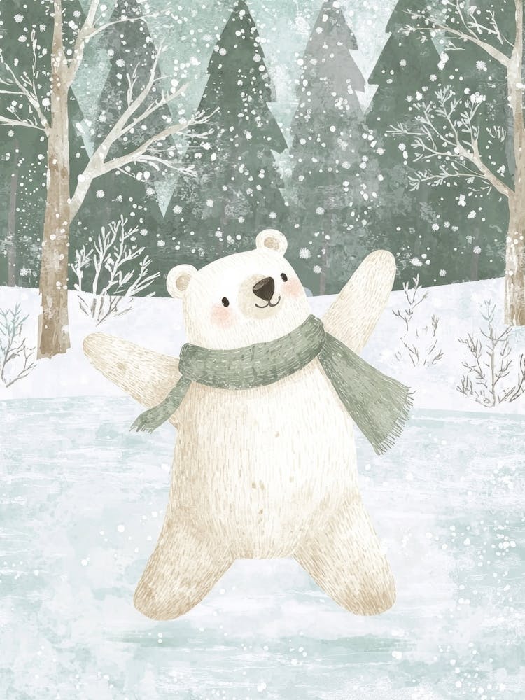 Polar Bear In The Snow. Watercolor Christmas Illustration for Kids Room. Nursery