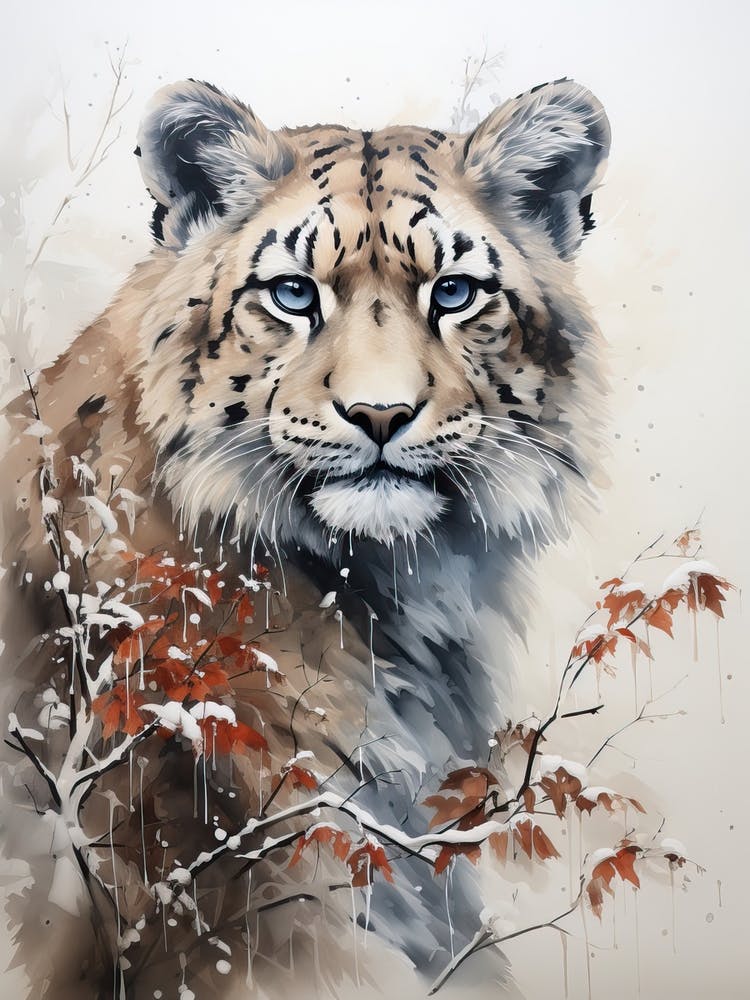 Snow Leopard, Japanese Brush Painting, Ukiyo E, Minimal 2