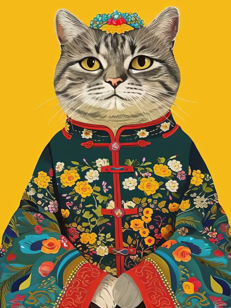 Cat In Kimono Print Colorful Cat Print Japanese Cat Print Maximalist Print Eclectic Cat Print Maximalist Poster