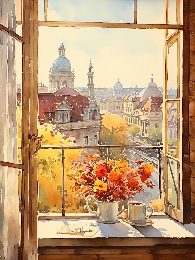 Vue de fenêtre sur Belgrade Serbia en Automne, Aquarelle 3