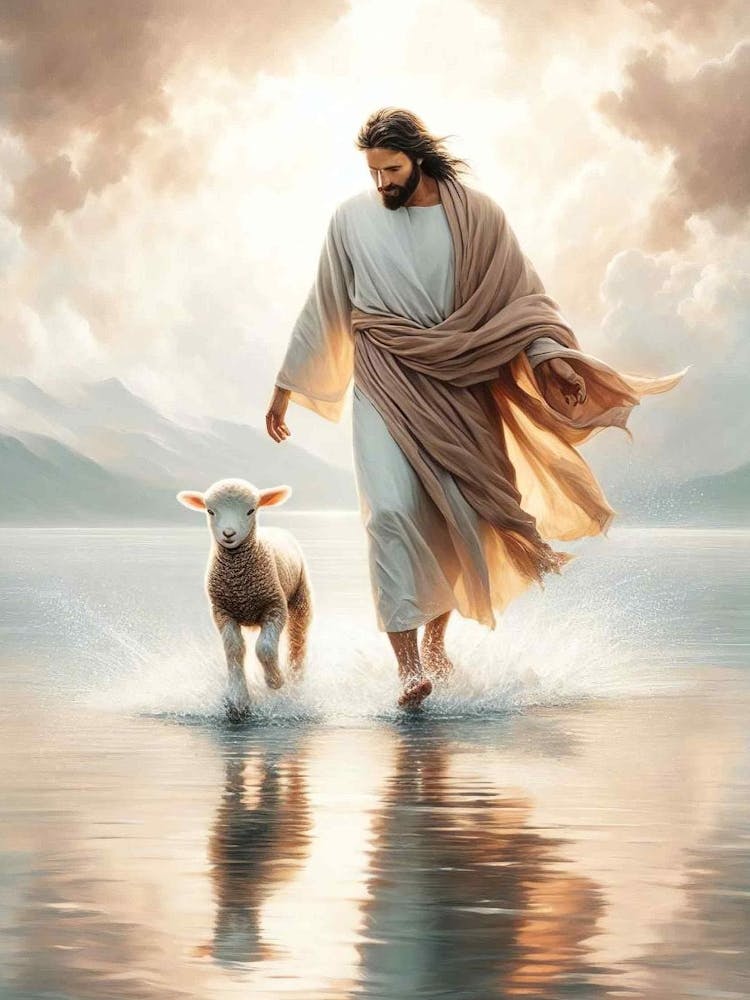 Shared Miracle, Jesus And Lamb, Christian Painting, Jesus Walking On Water, Jesus Leaves The 99, Christ Saves Lamb, Digital Art, Faith Art