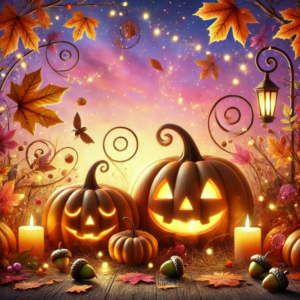 Whimsical Halloween pumpkins at sunset
