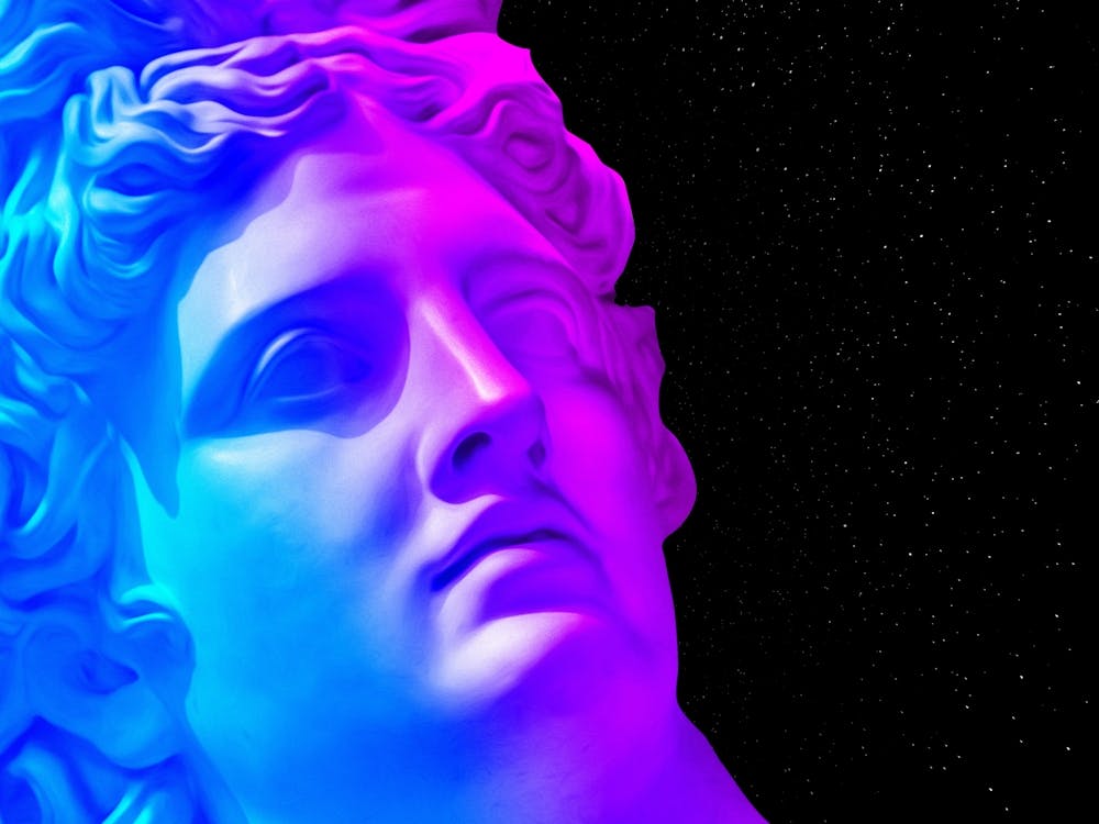 Apollo Belvedere - Ancient neon gods (synthwave/vaporwave/retrowave/cyberpunk) — aesthetic poster