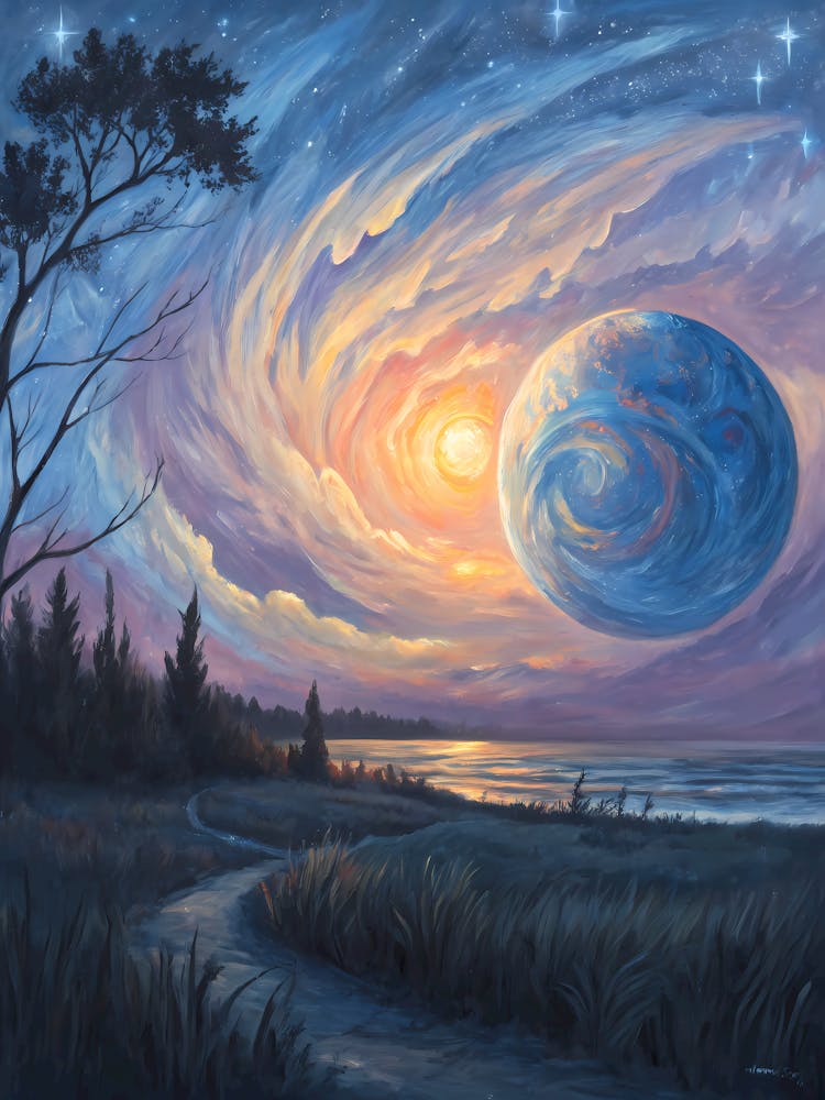 Van Gogh Cosmic Shore Planet, Stars & Swirling Sky