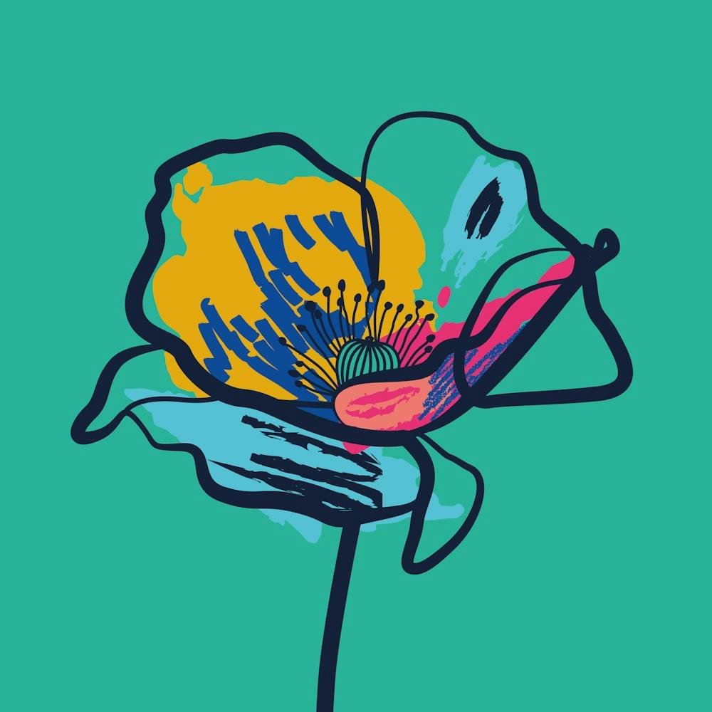 Poppy Flower Minimal Line Art Turquoise 1