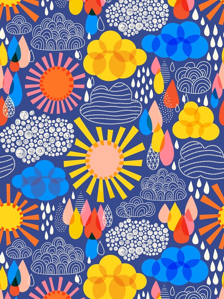 Navy Blue Weather Forecast Abstract Sun, Rain, and Clouds Kids