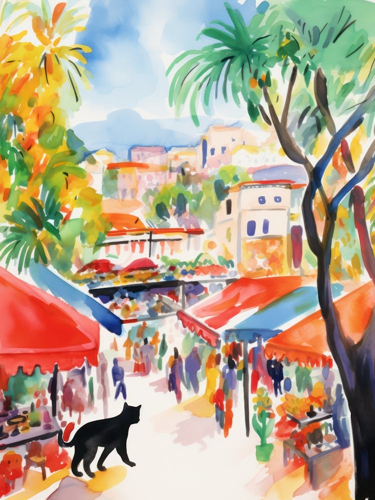 Food Market With Cats In Malibu 4 Watercolour