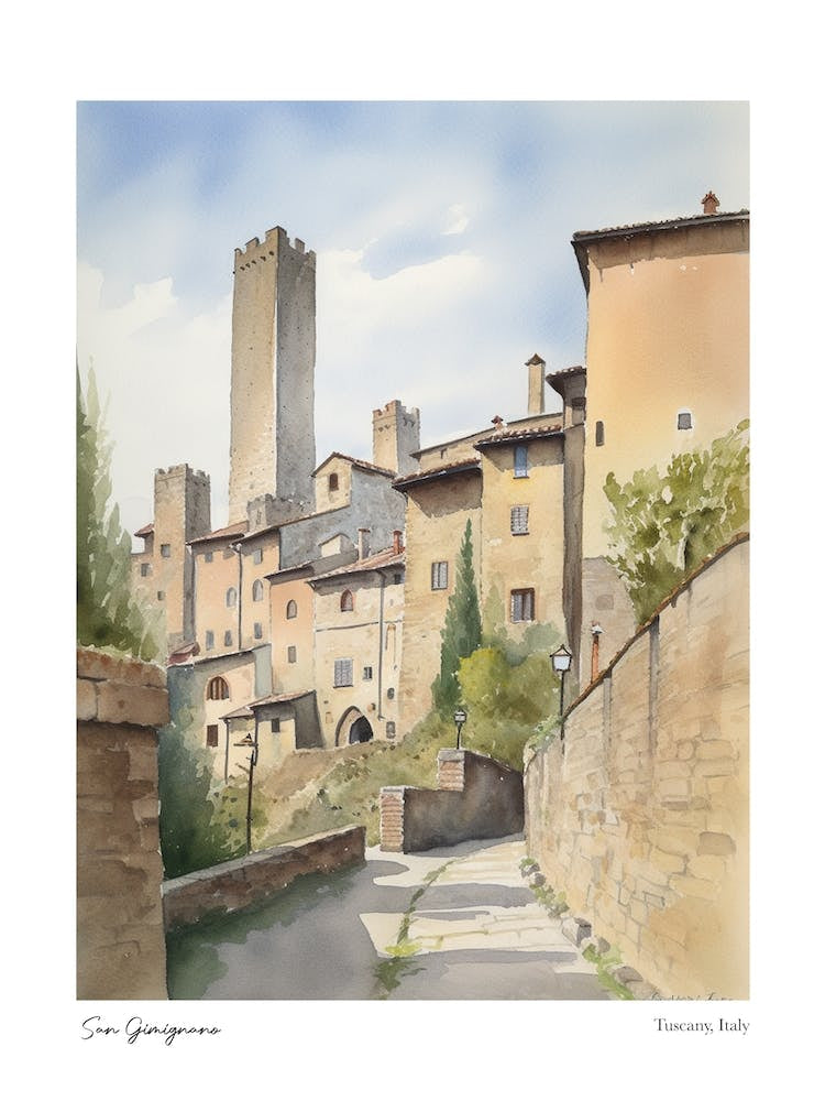 San Gimignano, Tuscany, Italy 2 Watercolour Travel Poster