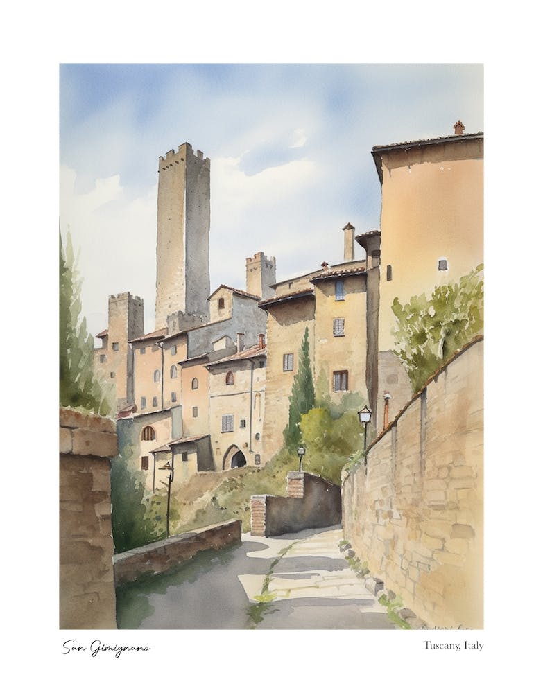 San Gimignano, Tuscany, Italy 2 Watercolour Travel Poster