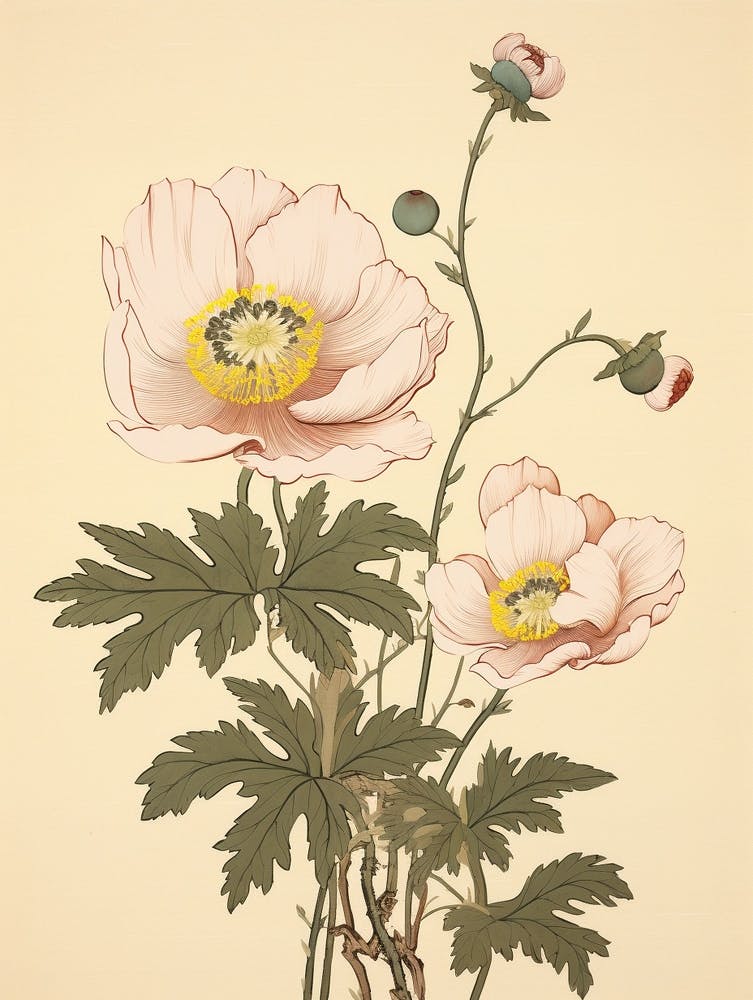 Hanaichige Japanese Anemone 3 Vintage Japanese Botanical
